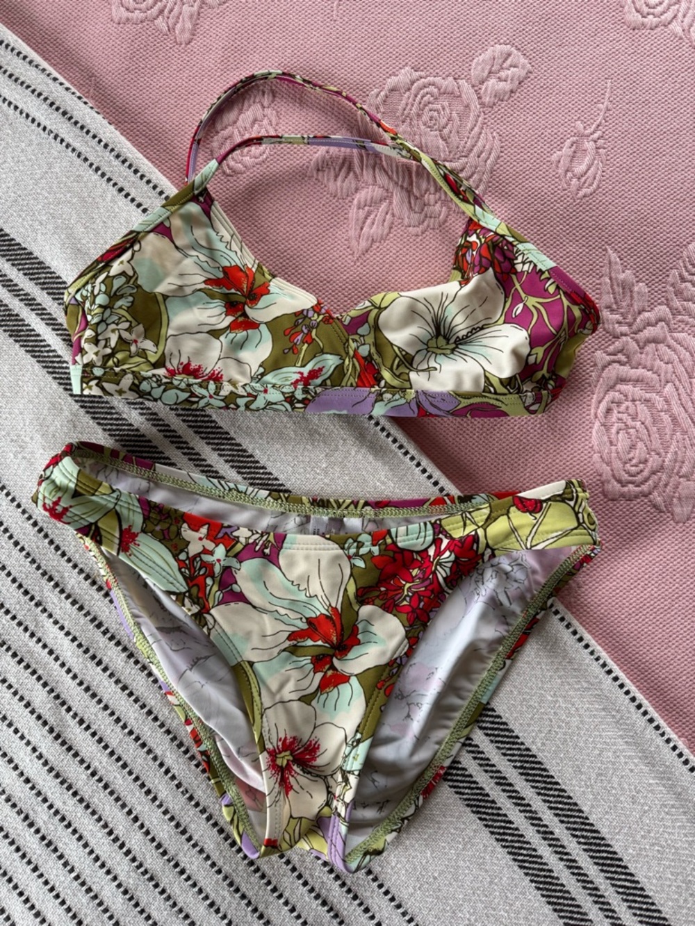 Patagonia Floral Bikini Top and Bottom - Olive Green, White, Red, Purple